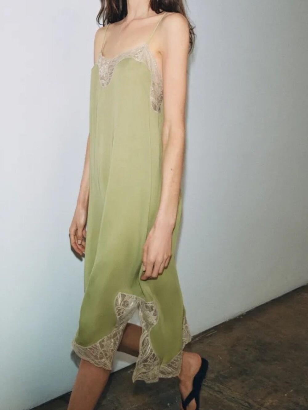 Zara Zw Collec Lace-Trim Slip Dress - Sage Green Midi Feminine Casual Dress Sz-L - Picture 7 of 15